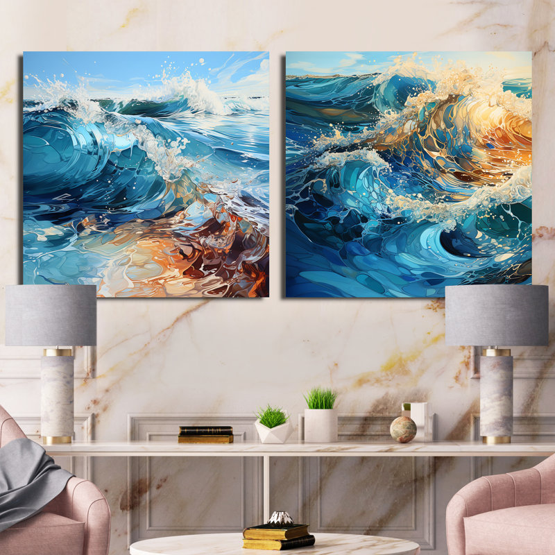«Ocean Charm», ensemble de 2 collages carrés vifs, Toile tendue, H 16 po x l 33 po