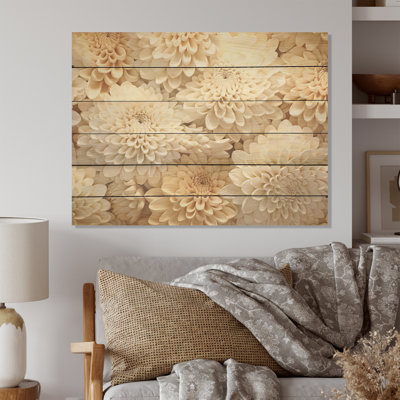 Minimalism Mums Painting In Beige - Mums Wood Art On Natural Pine Wood