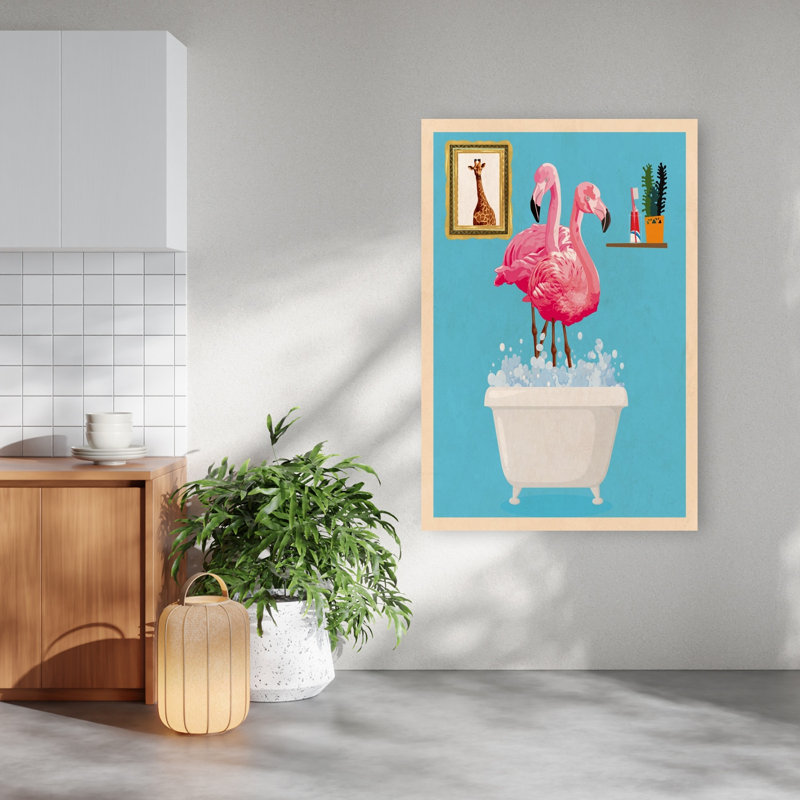 Flamingo Bubble Bath Fun Colorful Playful Surreal Bird Flamingo Giraffe Plant Tropical Wall Art Print by WallChart Art Studio - Wrapped Canvas Print