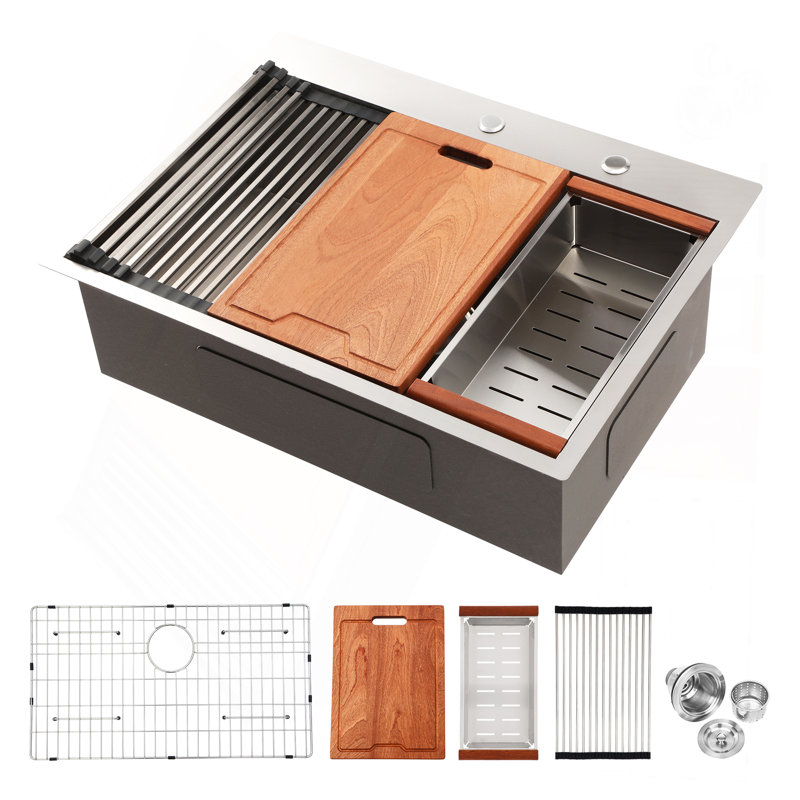 33" Drop In Kitchen Sink - 33*22 Inch Kitchen Sink Drop-In Topmount Single Bowl 16 Gauge Stainless Steel Ledge Workstation Kitchen Sinks