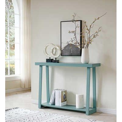 Console de 44 pouces en bois moderne avec tablette de rangement étroite à 2 niveaux pour l'entrée ou le salon, table de canapé mince pour le couloir ou derrière le canapé - bleu sarcelle