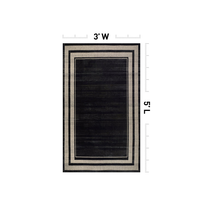 Tapis noir antidérapant à bordure rayée lavable à la machine, 3 pi x 5 pi