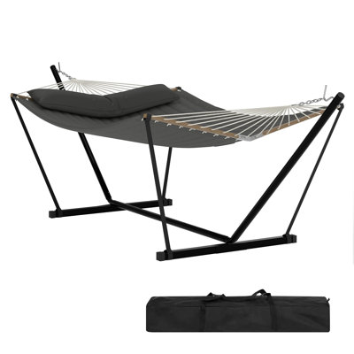 2 Person Outdoor Hammock with Heavy Duty Steel Stand, Portable Double Hammock with Balance Rope, 450 LBS Capacity for Patio, Backyard, Garden, Beach, Gray