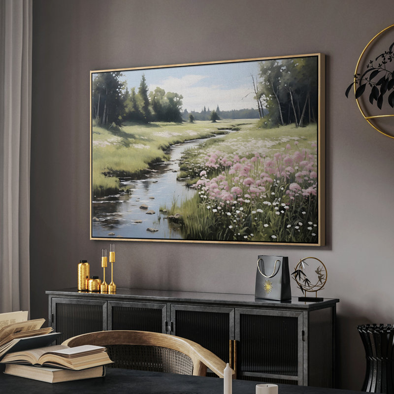 Paysage rétro - Toile tendue avec châssis encadré DCCDXLV, Toile naturelle avec cadre flottant, H 19 po x l 28 po x P 1,5 po