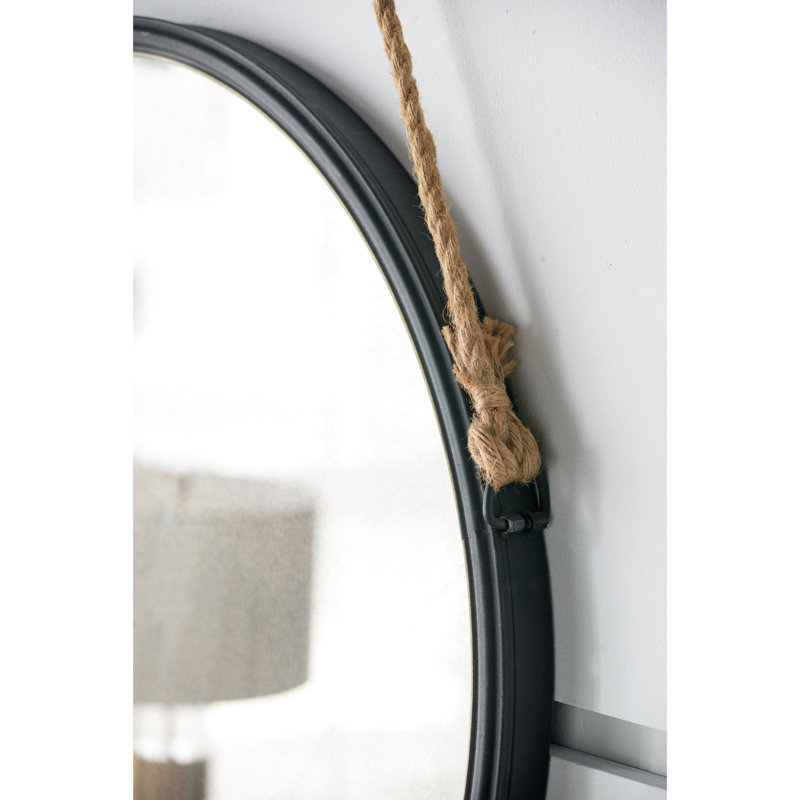 Miroir rond 29,5 po avec cadre en fer noir et corde robuste pour la salle de bain, 28,89 po x 30,33 po