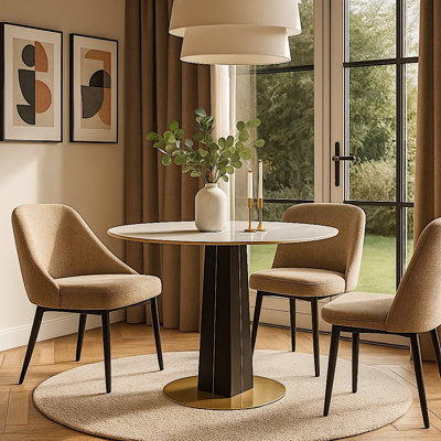 knight modern style dining table – Round Sintered Stone Top – Black & Gold Stainless Steel Base, Compact for Apartment or Café Use