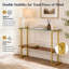 Console Mid-Century moderne en verre avec 2 niveaux, structure en noyer et métal doré pour un décor élégant