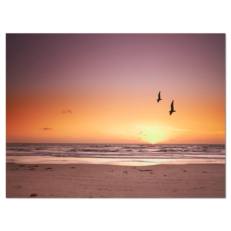 «Beach Sunset and Sea Gulls», reproduction de photo sur toile tendue, H 20 po x l 20 po x P 1 po