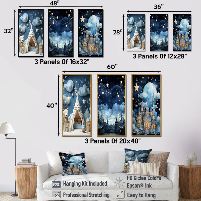 «Child Nursery Starry Night I», ensemble de 3 reproductions d'art sur toile, Cadre flottant noir, H 40 po x l 60 po