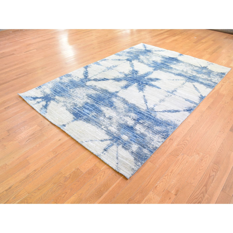 Tapis moderne en soie pure et en laine nouée à la main 6 pi 1 po x 9 pi 1 po bleu et blanc 846172D0E82546EBA141DCB644DCA4B9