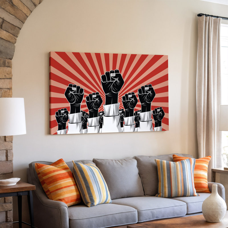 Toile, une puissante illustration graphique mettant en vedette plusieurs poings levés dans un art mural, H 9 po x l 12 po
