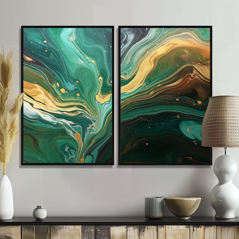 Abstrait vert et or Marble River IV - art mural moderne sur toile, 36" H x 48" W, Impression encadrée flottante, Black