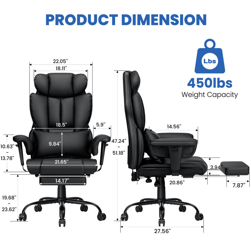 Temar Big and Tall Office Chair with 2 Vibrations Heavy Duty Executive Office Chair 450LBS, Black