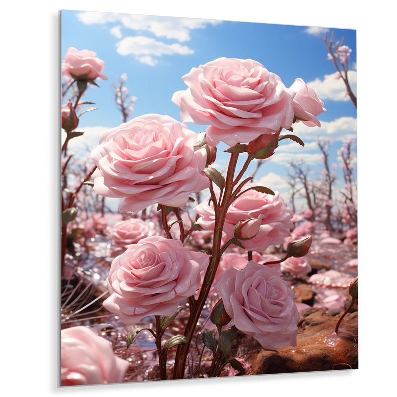 Rose rose vibrant bleu ciel - Roses, art mural salon, Métal métal, H 40 po x l 30 po x P 1,5 po
