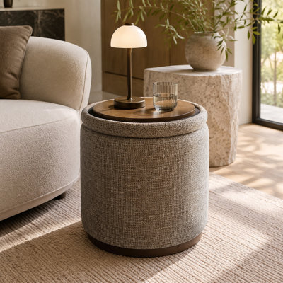 Pouf de rangement pivotant rond de 48 cm avec couvercle réversible, repose-pieds d'appoint rembourré