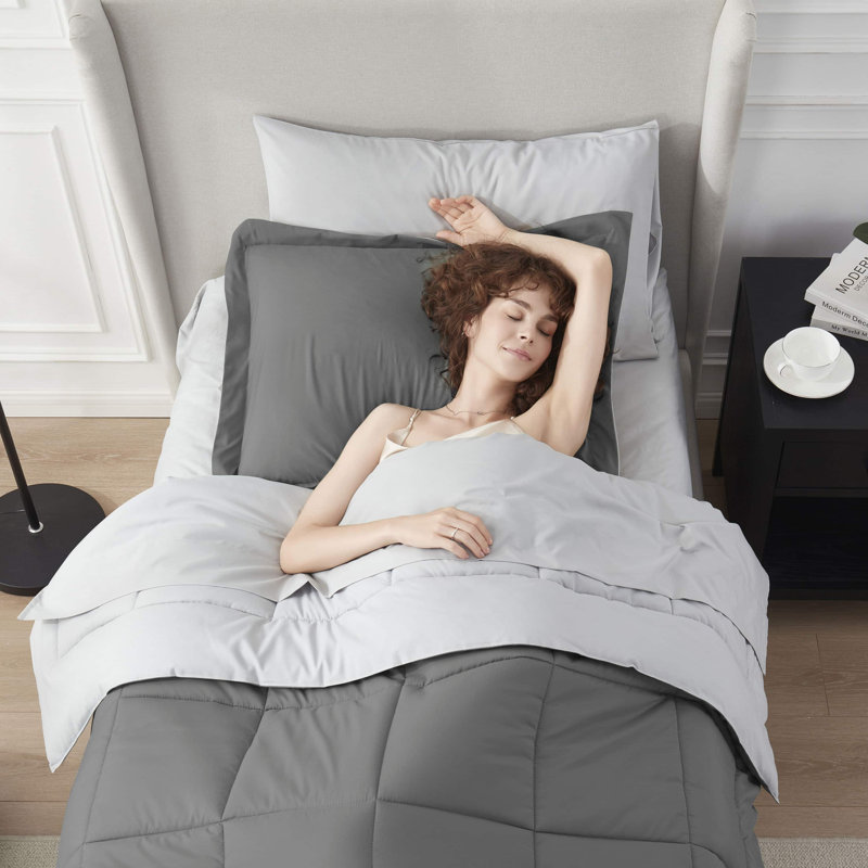 Ensemble d'édredon réversible avec draps Bed-in-a-bag, Gris, Édredon simple très long + 5 pièces supplément