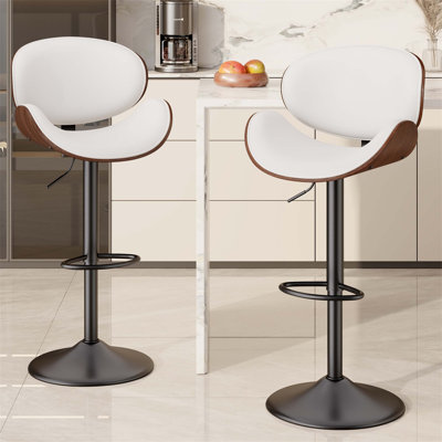 Ensemble de deux tabourets de bar pivotants avec hauteur de siège réglable, conception en bois cintré, dossier, repose-pieds et revêtement en similicuir pour bar, cuisine et salle à manger.