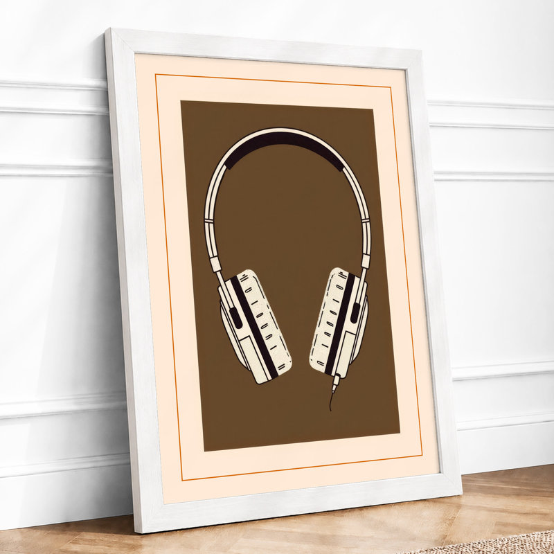 White Headphones on Brown Graphic - Framed Print, A4 - 29.7 x 21.0 cm, White