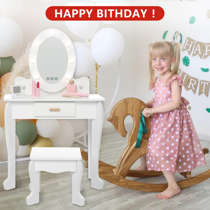 Kids Vanity with Lighted Mirror Toddler Vanity Table and Chair Set  Makeup Playset, White