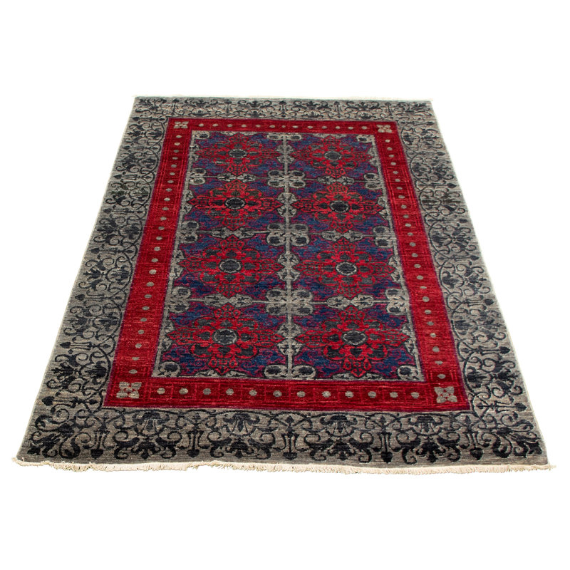 Tapis unique en laine noué à la main 6 pi x 9 pi gris / rouge / bleu nouvel âge Lahore Cascoe