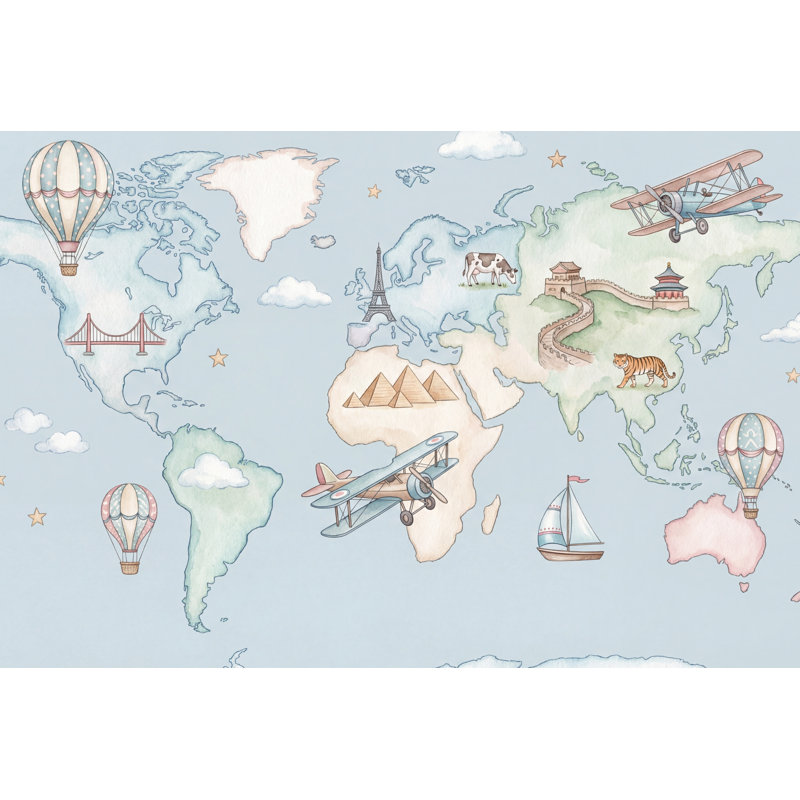 Murale emblématique de la carte du monde avec montgolfière, 100 po x 96 po, Peler et coller