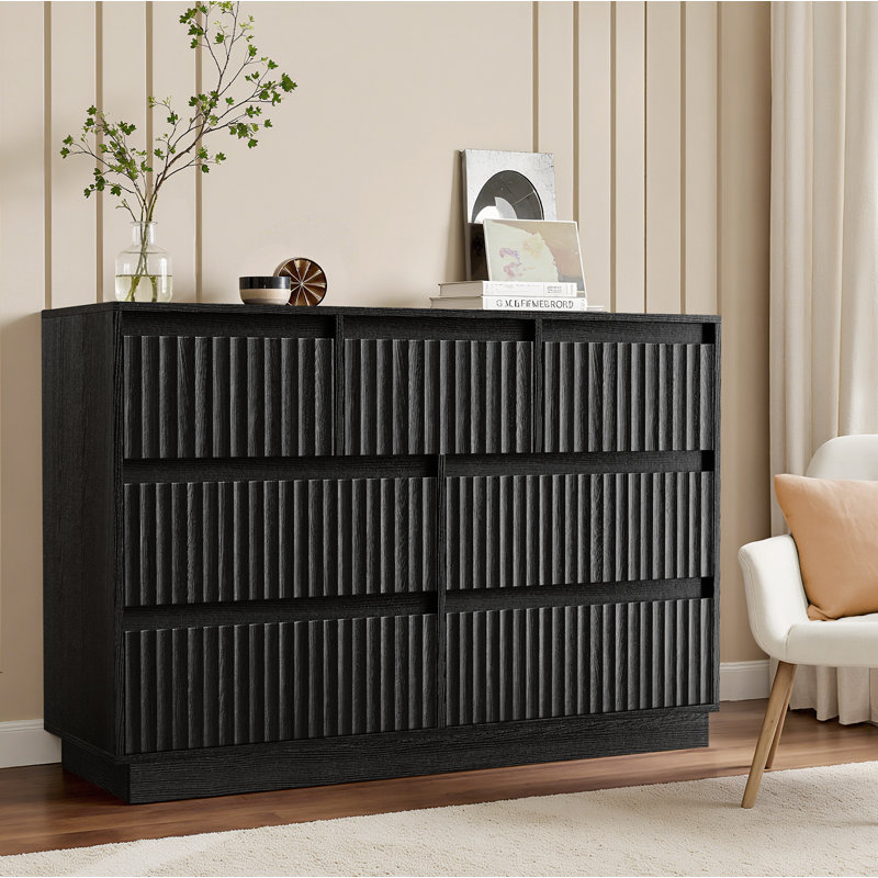 Dejesus 47.2" W 7-Drawer Double Dresser with Waveform Fluted Panels, Black