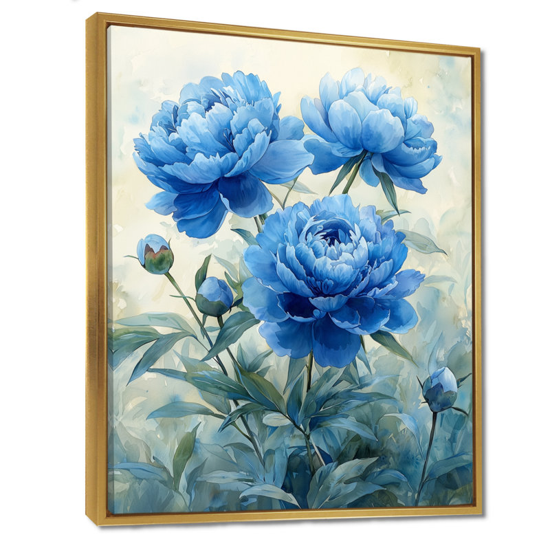 Jacquelle, pivoines bleues dans le jardin I - pivoines, art mural, Impression sur cadre flottant, H 32 po x l 24 po, Doré