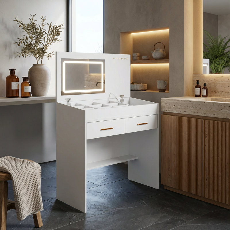 Modern Flip-Top Vanity Desk with Adjustable LED Mirror and Integrated Power Outlet - Functional Makeup Table with Drawers and Jewelry Storage Solution