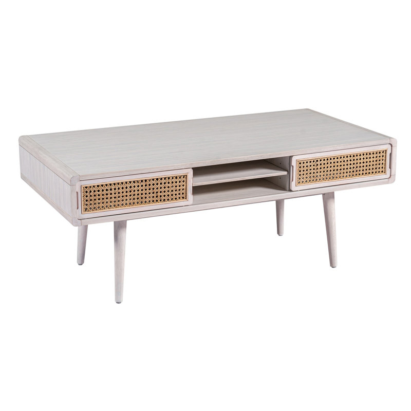 Table basse Camy, portes tressées brun, tablette ouverte, blanc 48 po