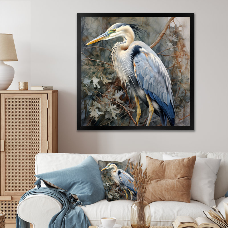 Graceful Heron Waterbird I - Heron, impressions encadrées, Cadre simple noir, H 30 po x l 30 po x P 1 po
