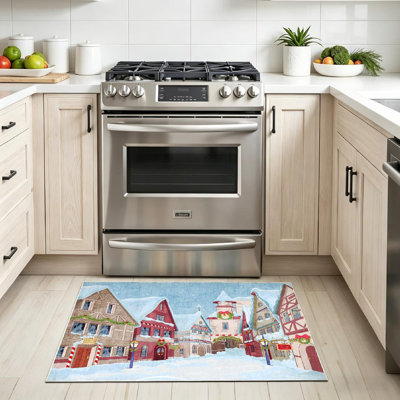 Clear Machine Washable,Christmas Town Street Winter Day Indoor Area Rug