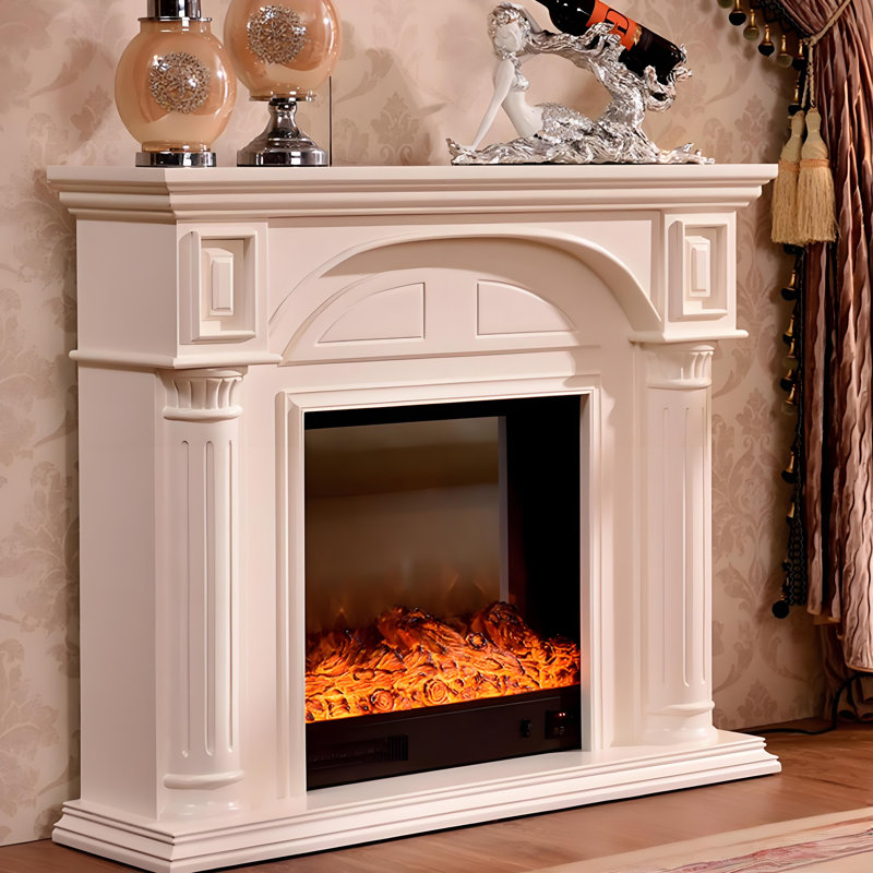 47.24"White Retro Solid Wood Electric Fireplace, White