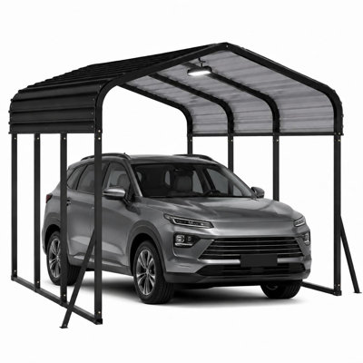 10x15 FT Metal Carport with Remote Solar Light, Heavy Duty Steel Shelter with Reinforced Base, Outdoor Car Garage for Cars, Boats & Trucks