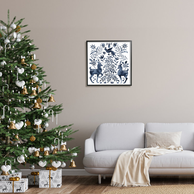 Chevreuil festif, colombe, sapin de Noël, plantes, feuilles, H 24 po x l 24 po x P 1,5 po, Giclée encadrée noir minuit