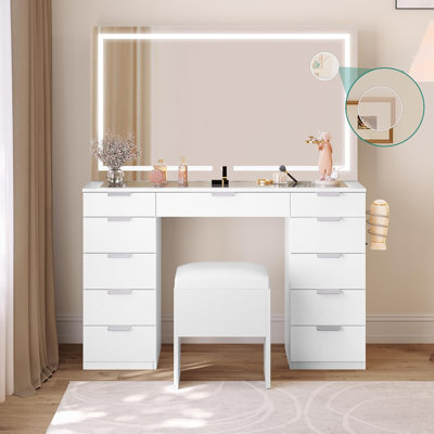 Annsley Dressing Table with Mirror，Makeup Vanity Desk with LED Lighted Mirror