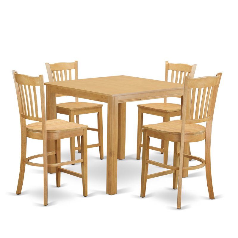 Ensemble de table de salle à manger à hauteur de comptoir 5 pièces comprenant une table de salle à manger carrée et 4 chaises en bois, chêne