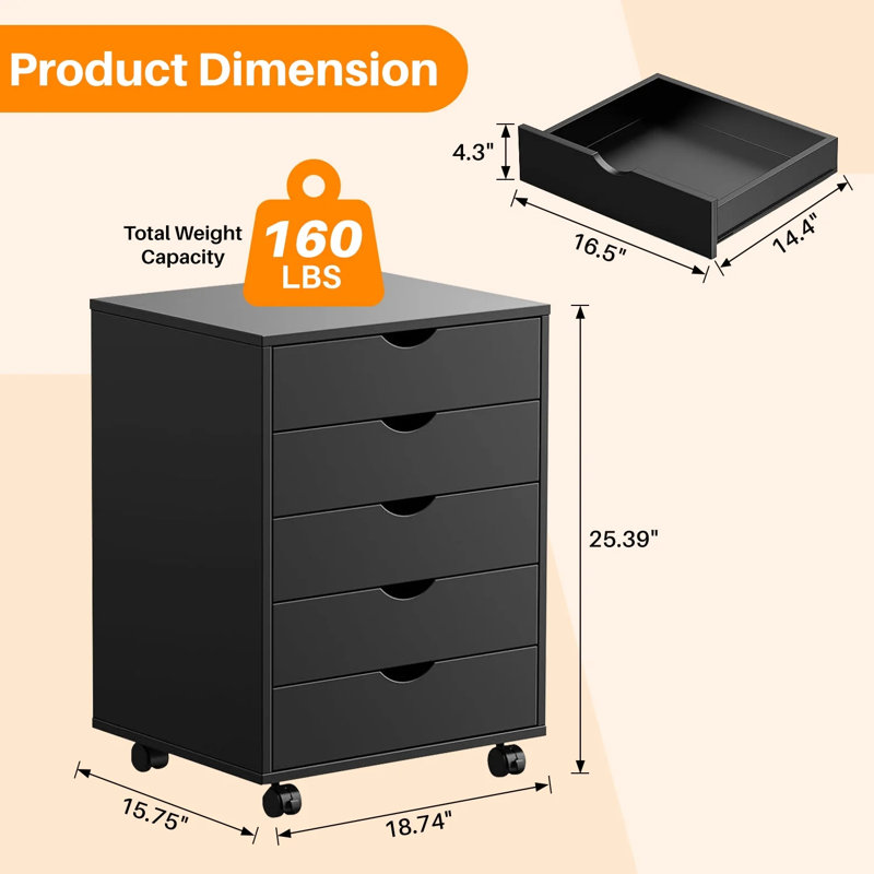 5 Drawer Chest Mobile Storage Cabinets Small Wooden Dresser With Wheels Room Organization Furniture For Office Home, Black