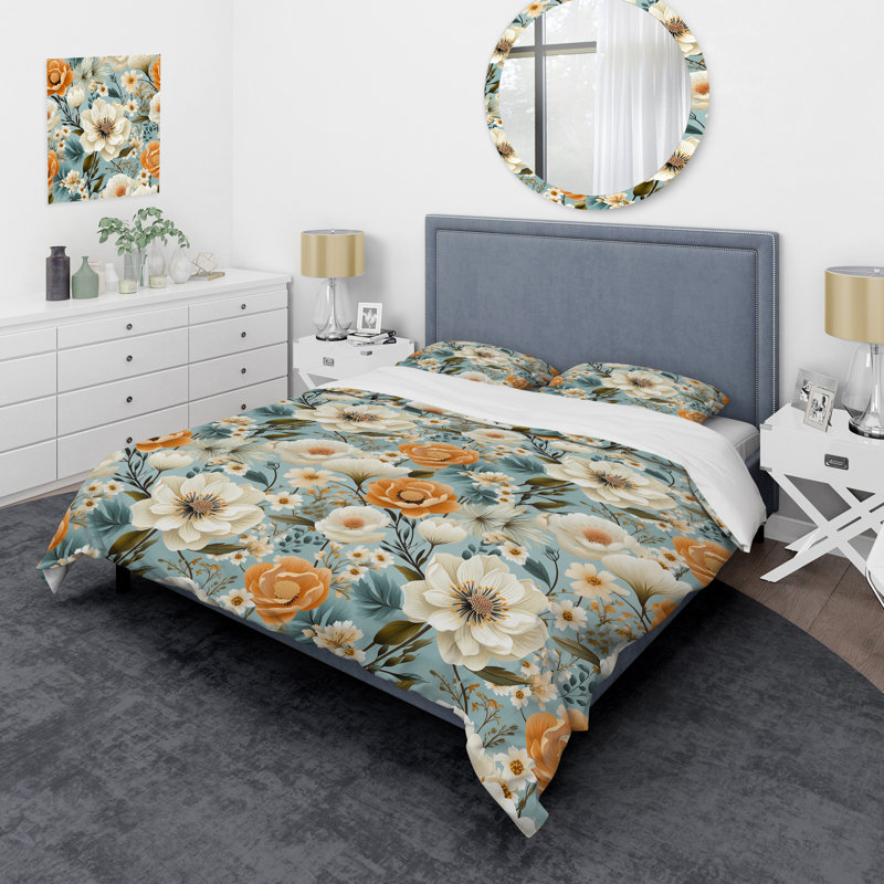 Motif floral orange élégant rustique orange - ensemble de housse de couette floral - microfibre de polyester