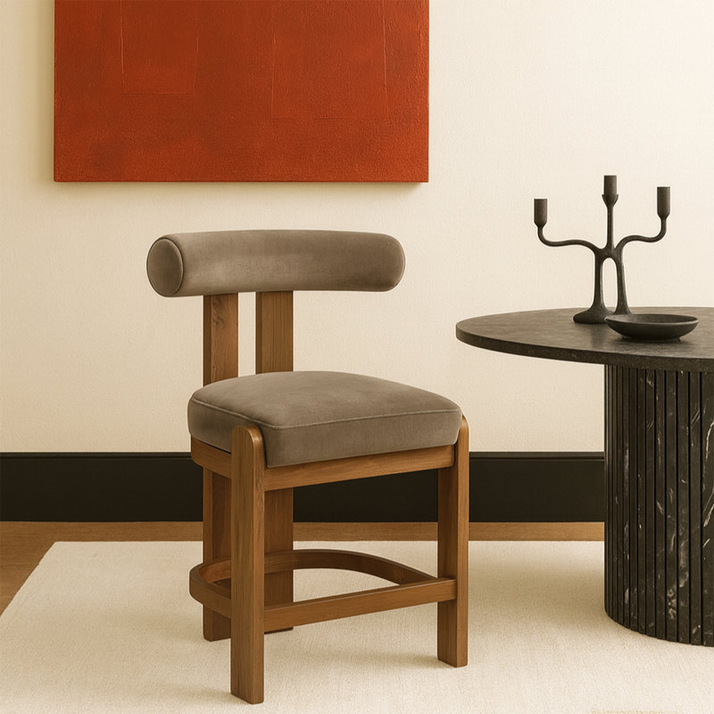 Tabouret de comptoir Arienzo, Noyer, Velours taupe