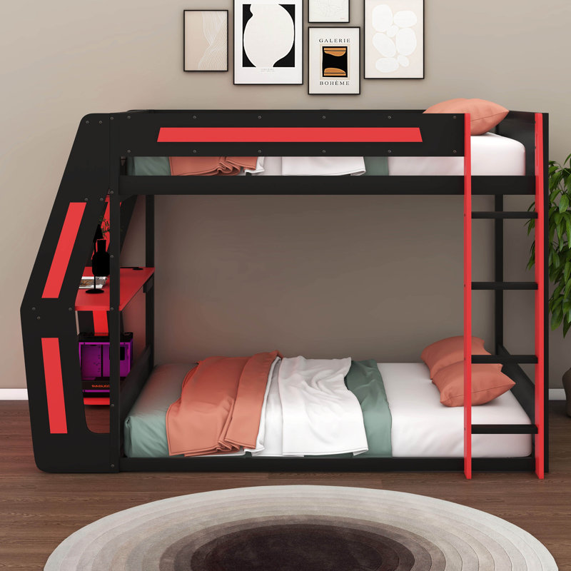Lit superposé double avec bureau RVB surdimensionné monté sur le côté, lit superposé en bois avec ports de charge, cadre de jeu pour les adolescents