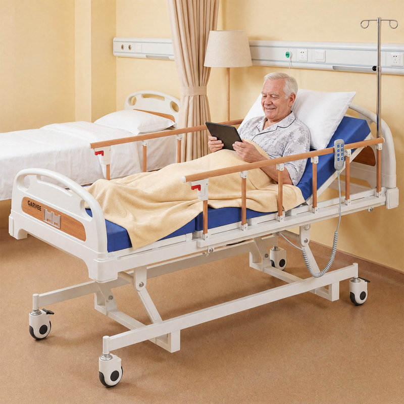Lit de soins à domicile électrique réglable à 3 fonctions avec télécommande, roulettes verrouillables et matelas en mousse imperméable, réglage multi-positions pour les soins à domicile, capacité de 400 lb, grain de bois