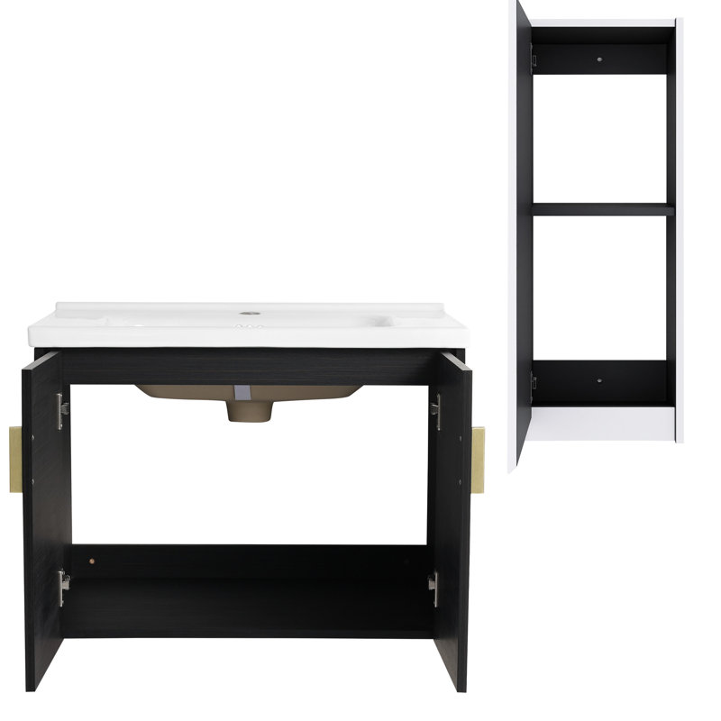 Meuble-lavabo de salle de bain avec lavabo en céramique et armoire d'appoint - Style moderne, châtaignier noir, structure et organisation