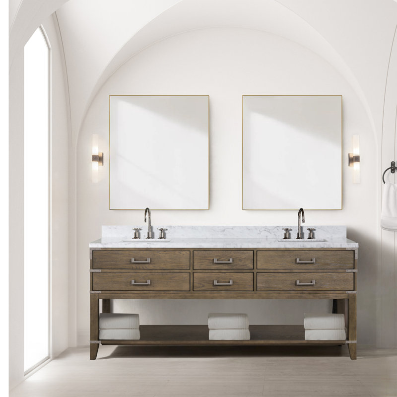 Meuble-lavabo double en chêne gris 80 po X P 22 po D, avec plateau en marbre de Carrare, Gris, Marbre de Carrare blanc