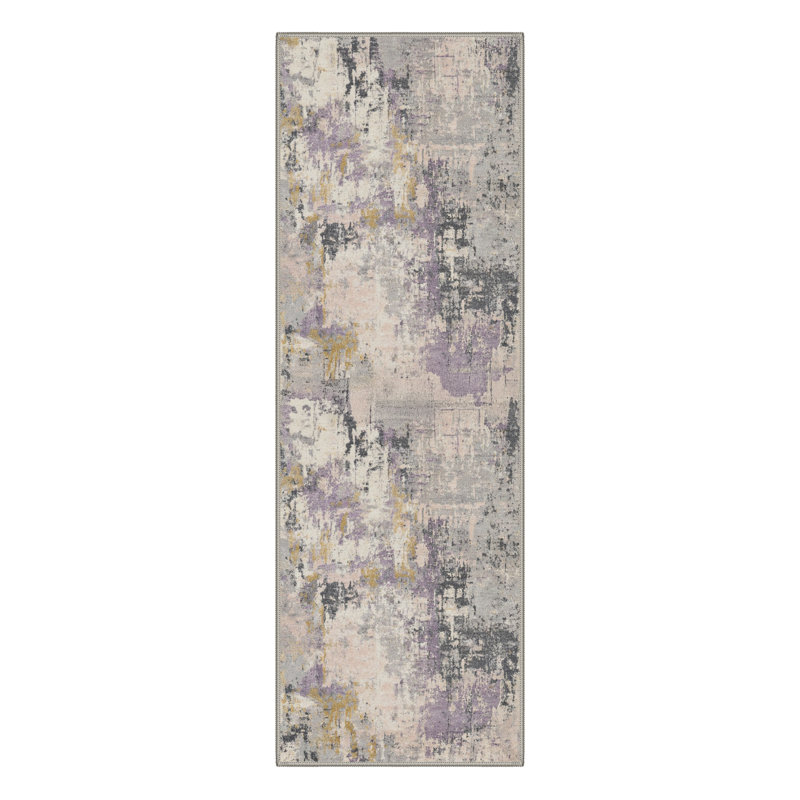 Art Abstract Painterly Strokes Machine Washable Misty Lavender Indoor Area Rug With Non-Slip Backing, Runner 2' x 6'