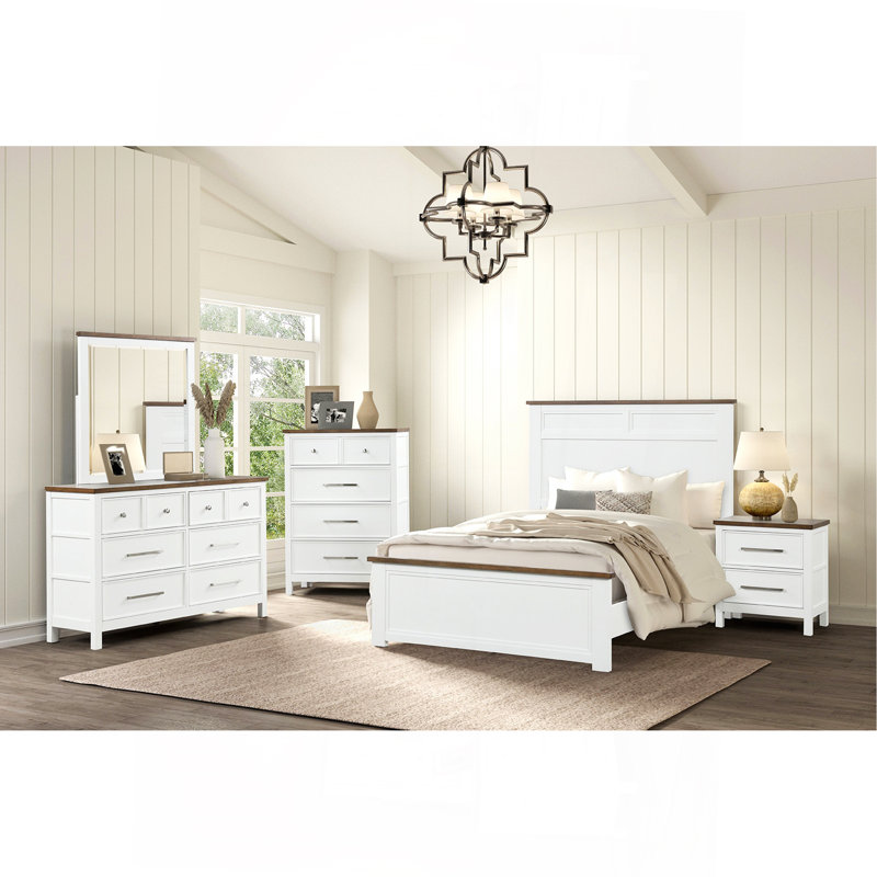 Mobilier de chambre à coucher moderne et rustique avec 1 porte-queue d'aronde et glissières à roulement à billes à deux tons, blanc et brun foncé
