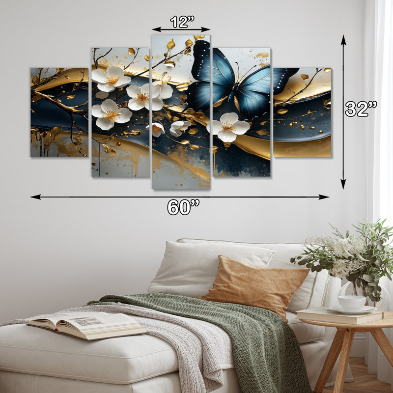 Blue And Gold Butterfly On Cherry Blossom Branch - Cherry Blossom Wall Art Set