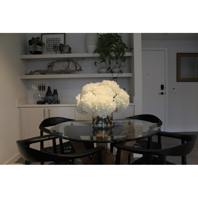 White Hydrangeas In Clear Glass Cylinder Vase, 16" H x 18" W x 18" D, White