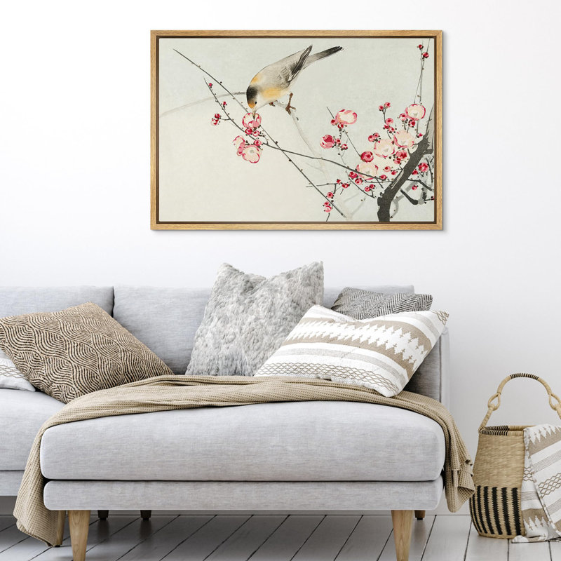 Oiseau et fleurs de cerisier, H 24 po x l 16 po, Naturel