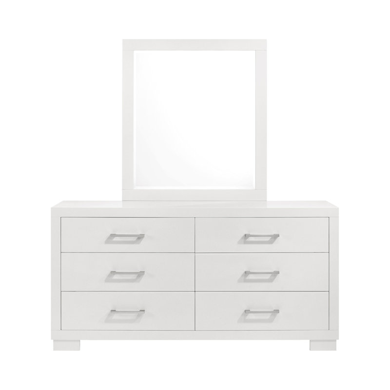 Commode large Bela avec miroir et 6 tiroirs, bois blanc neige, Blanc