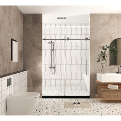Shower Door 56 - 60" W 76" H 1/4"  6 Mm  Clear Tempered Glass Proof Film Stainless Steel Handle Brushed Nickel With Transmission Large Wheels And Round Tracks For Quiet Effortless Operation Bottom